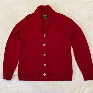 Lauren Ralph Lauren‎ 100% cotton red gold button cardigan size large